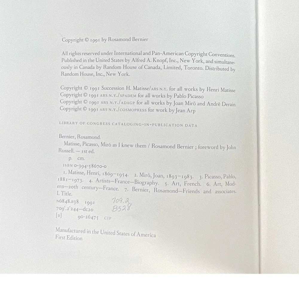 Matisse Picasso Miro As I Knew Them Rosamond Bernier Art Memoir Hardcover